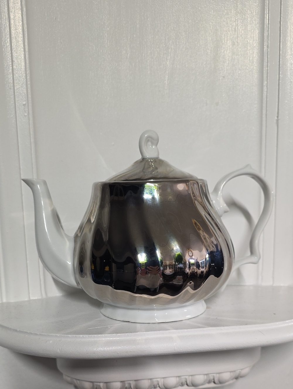 American Atelier Renaissance Silver White Pottery Teapot Vintage